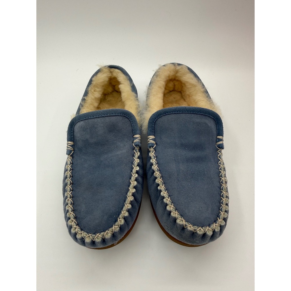 LL Bean Wicked Good Moccasins Blue Suede Shearling Slippers Women 9 501939 - Picture 2 of 8